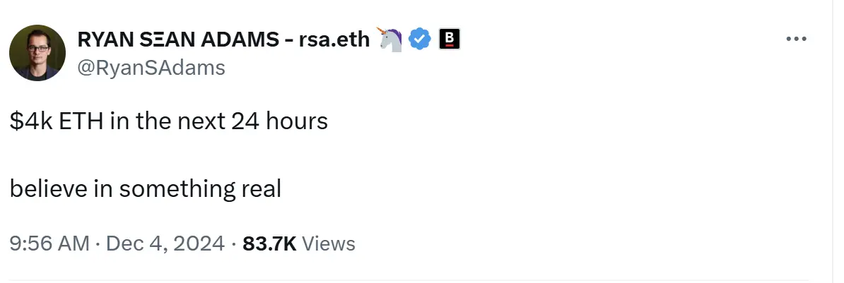 Bankless co-founder: ETH will rise to $4000 in the next 24 hours