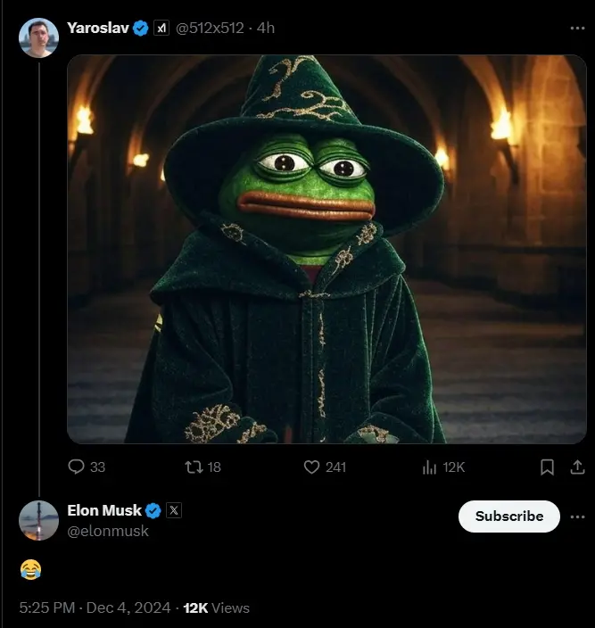 Musk responds to a tweet on the theme of "frog MEME concept art."