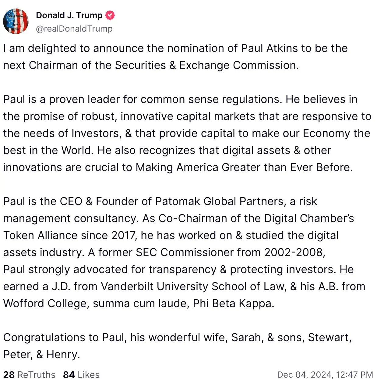 Paul Atkins elected as the new chairman of the SEC, where will the future of cryptocurrency head?