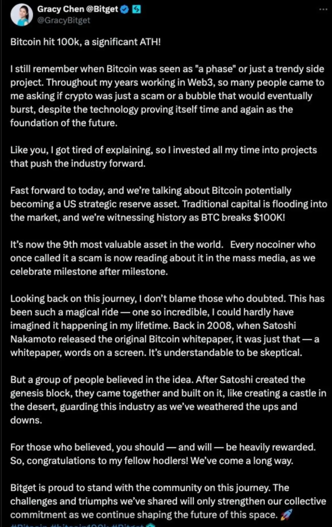 BitgetのCEO：ビットコインが10万を突破、疑念は消えないが、信念は必ず報われる。