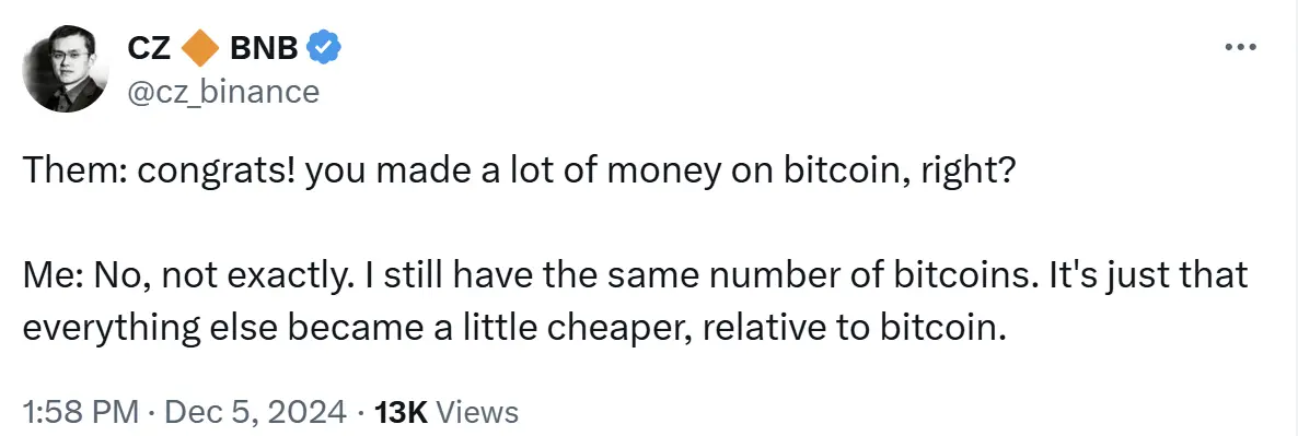 Zhao Changpeng humorously responded to Bitcoin surpassing $100,000: Holding coins unchanged, just other assets have become cheaper