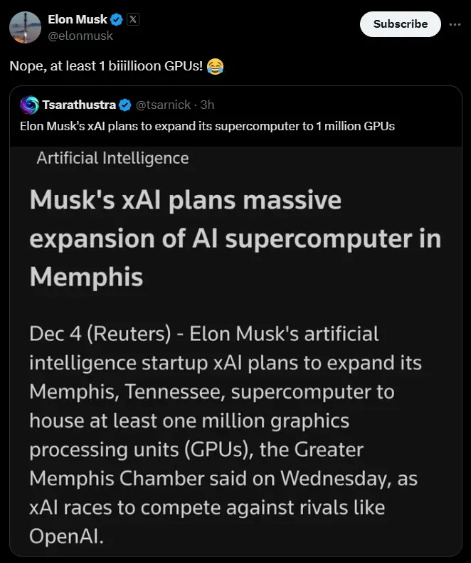 Musk: xAI supercomputer will accommodate at least 100 million GPUs