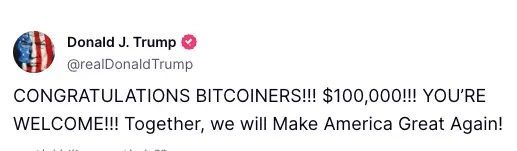 トランプ：ビットコイン保有者が10万ドルの目標を達成したことを祝福します