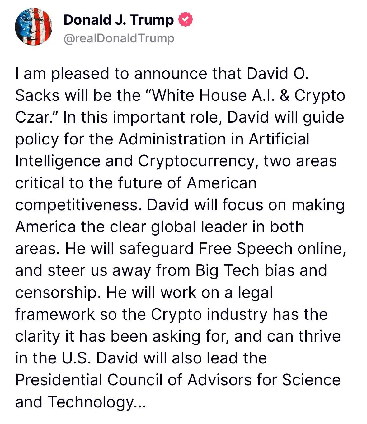 特朗普：David O. Sacks 將致力於建立加密法律框架，保證加密行業在美國蓬勃發展