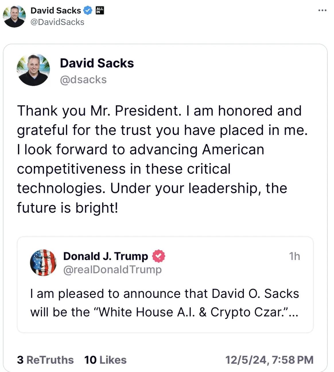 David Sacks: It is an honor and I look forward to promoting America's competitiveness in key technology areas