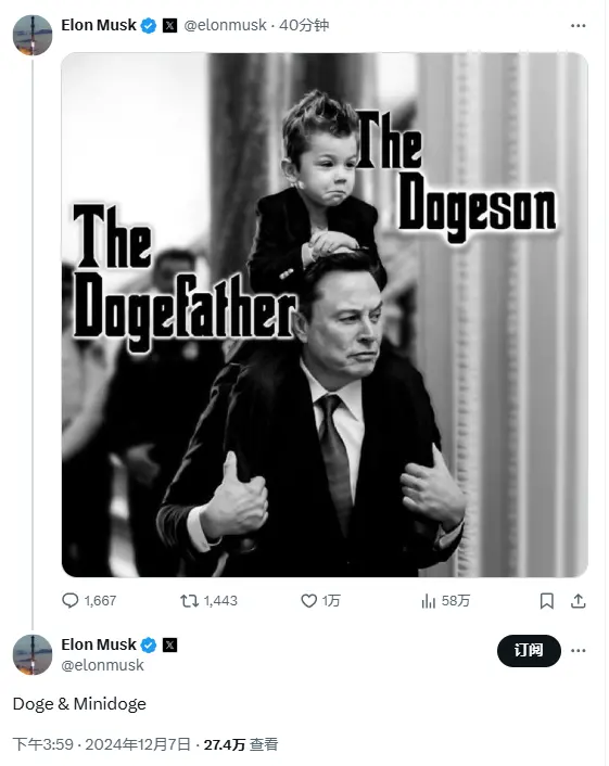 马斯克发布带有“The Dogeson”和“The Dogefather”字样图片