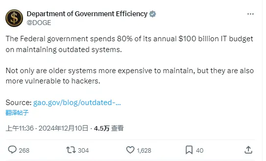 アメリカ政府効率局：政府は毎年その1000億ドルのIT予算の80%を旧式システムの維持に使っています。