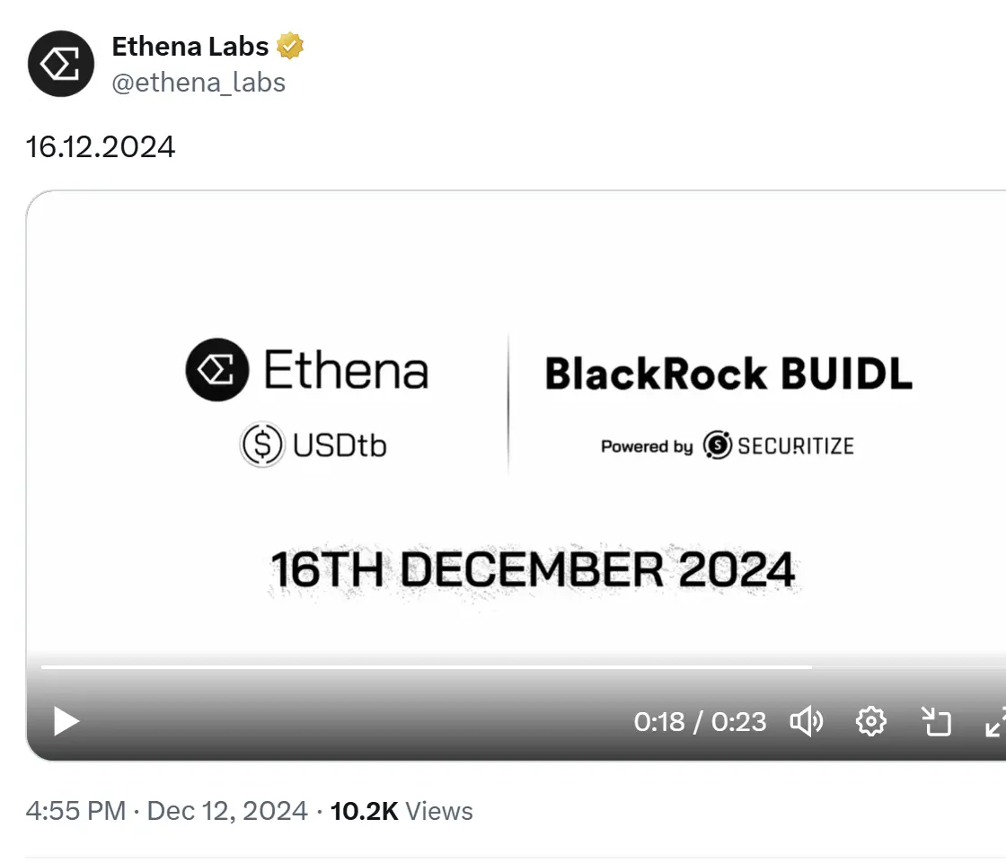 Ethena 或將於 12 月 16 日推出新穩定幣產品 USDtb