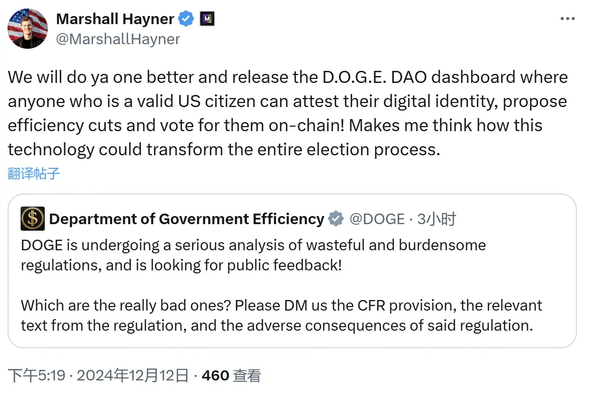 狗狗币基金会董事：推出 D.O.G.E. DAO 表盘，美国公民可在链上提出效率削减提案并进行投票