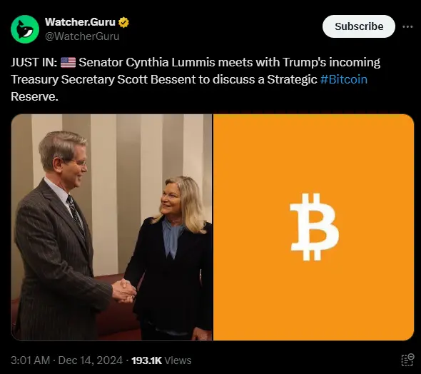 美議員已會見即將上任的財政部長，討論比特幣戰略儲備相關問題