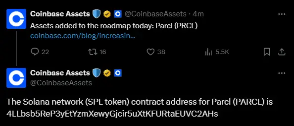 Coinbase는 Parcl (PRCL)을 상장 로드맵에 추가했습니다