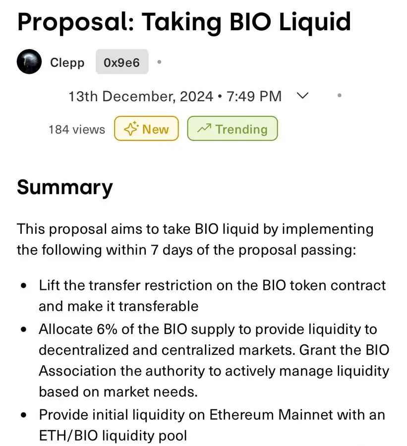BIO Protocol 新提案：拟取消转账限制，分配 6% 代币为市场提供流动性