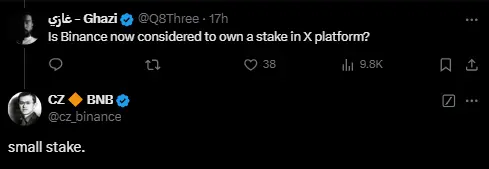 자오창펑: 바이낸스는 X 플랫폼의 소액 지분을 보유하고 있다