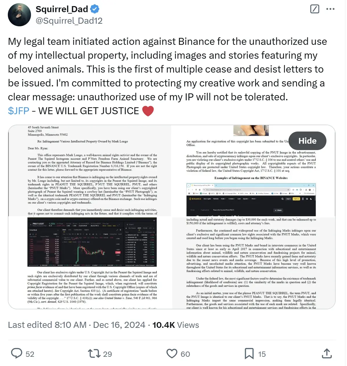 The owner of the internet celebrity squirrel Peanut has sent a cease and desist letter to Binance, requesting Binance to stop using the PNUT-related IP