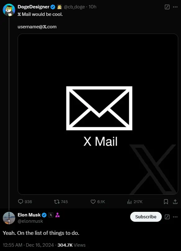 X 未来或将推出“@X.com”格式的电子邮件服务