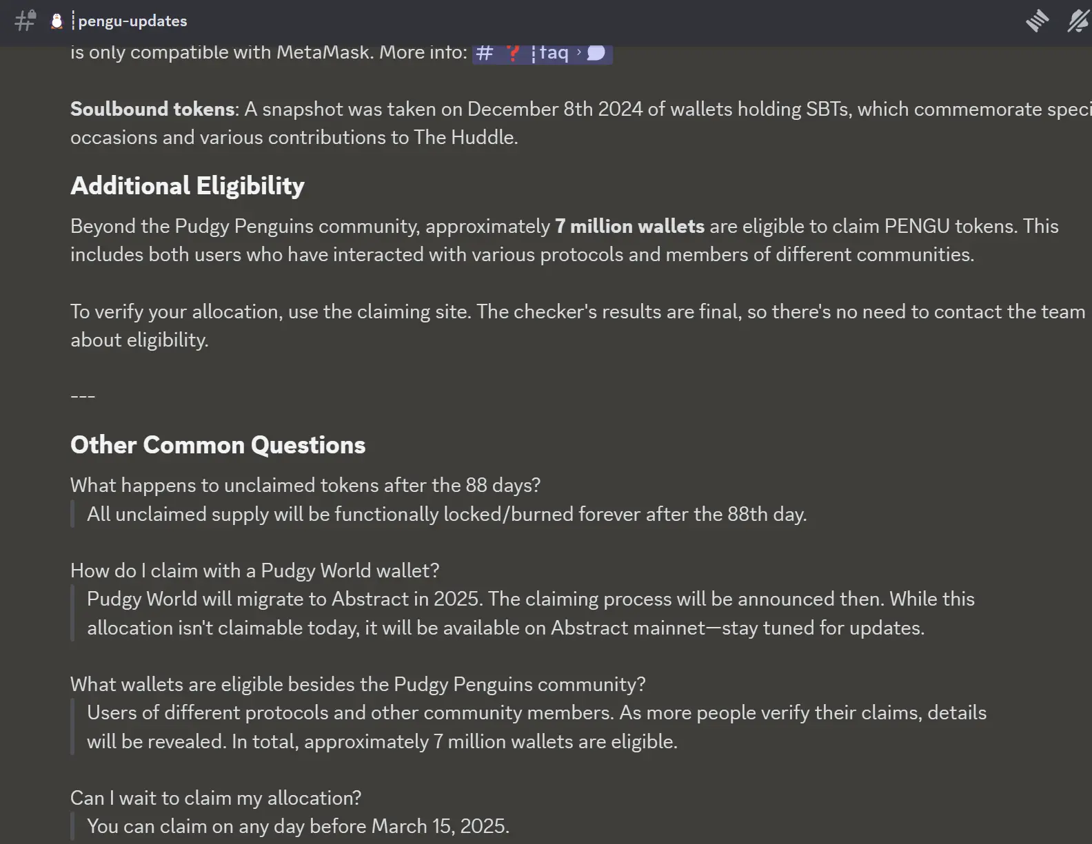 Pudgy Penguins：約700万の外部ウォレットアドレスがPENGUトークンの受け取り資格を持っています。