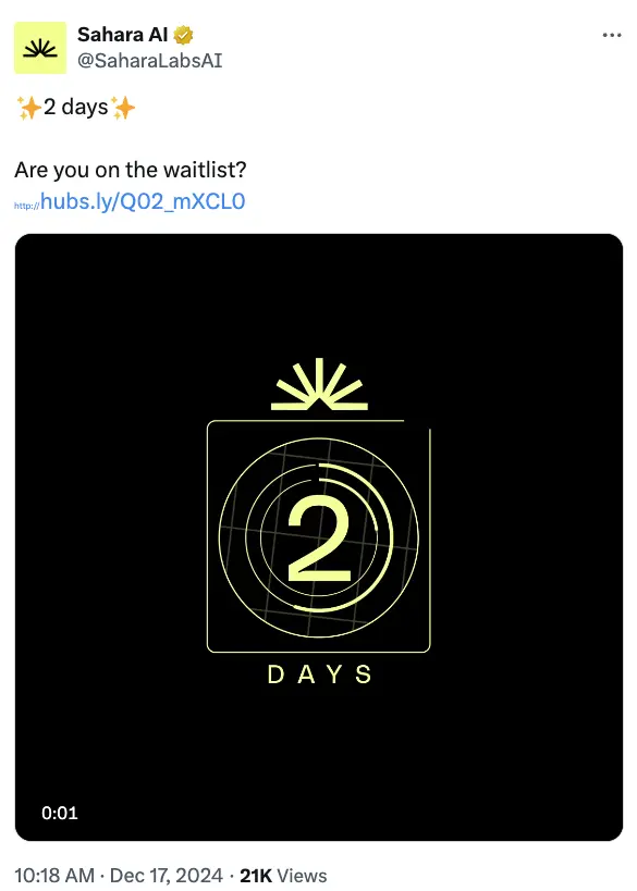 Sahara AI 或將於 12 月 19 日公布重要消息
