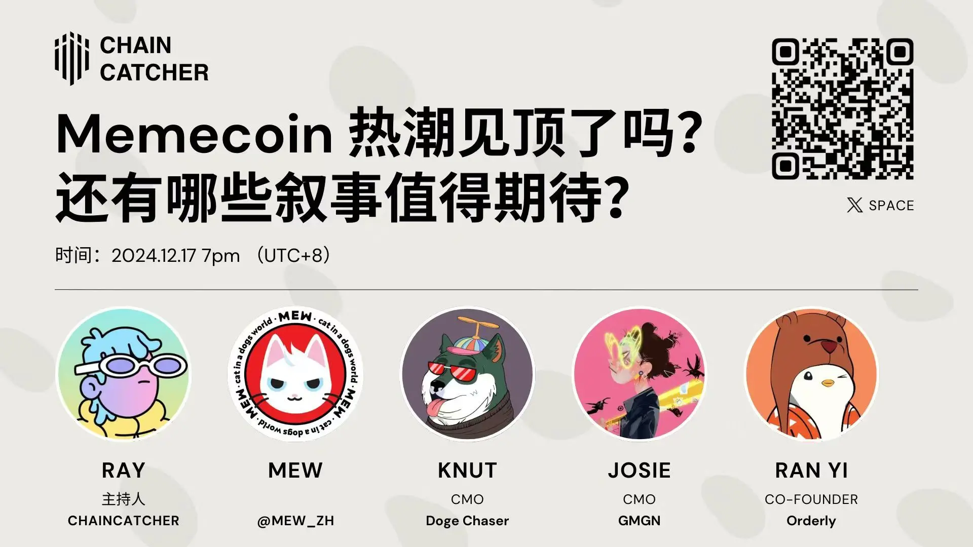 ChainCatcher 将于今日 19:00 举办「Memecoin 热潮见顶了吗？还有哪些叙事值得期待？」X Space 活动