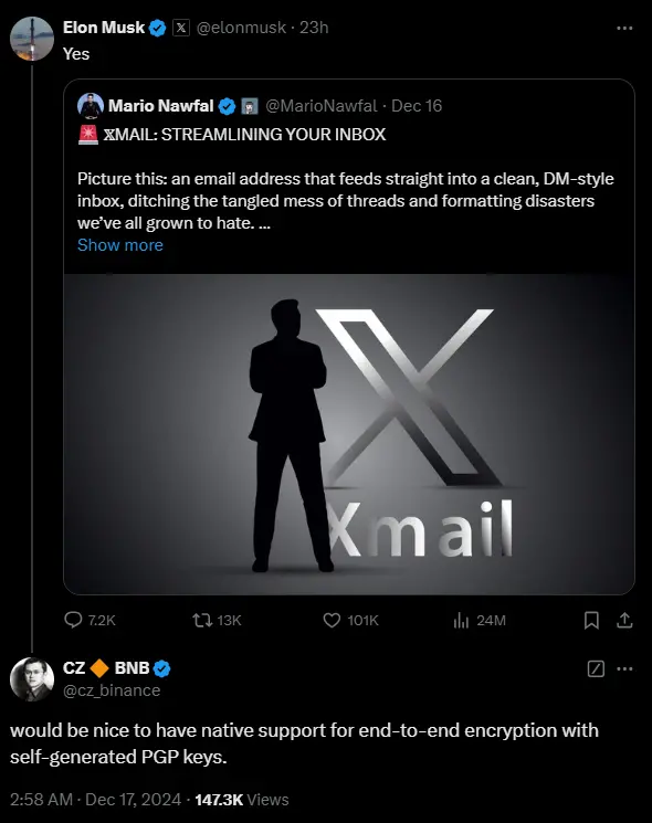 赵长鹏建议 Xmail 可对自生成 PGP 密钥进行端到端加密提供原生支持