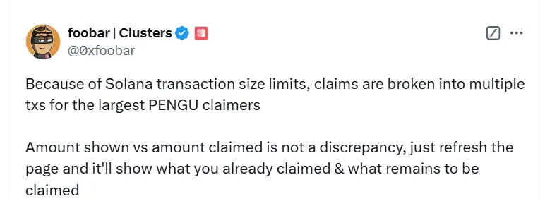 Delegate 创始人：由于 Solana 限制，大额 PENGU 申领交易会被拆分