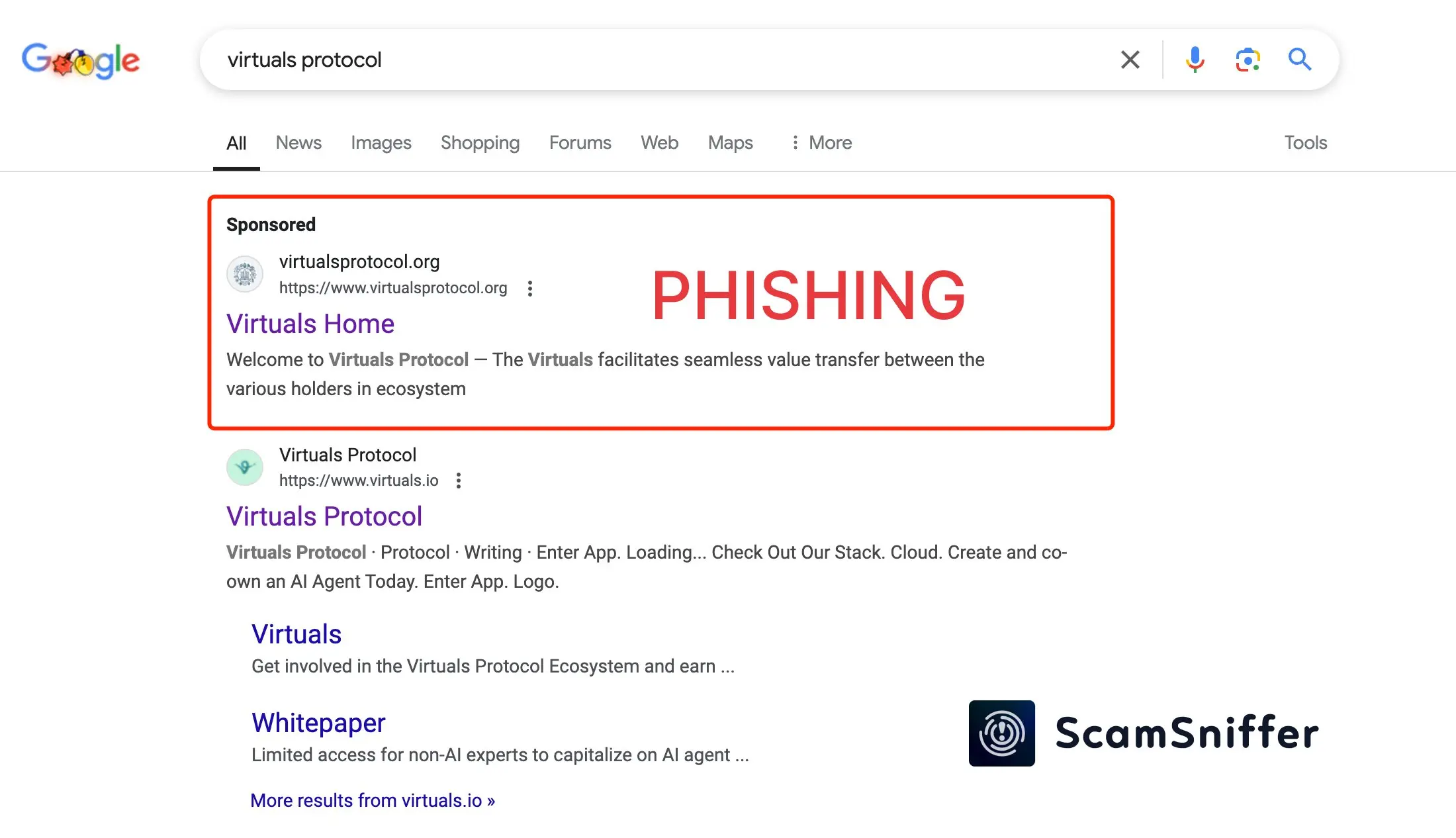 谷歌搜索结果中出现冒充 Virtuals Protocol 的钓鱼广告，用户请保持警惕