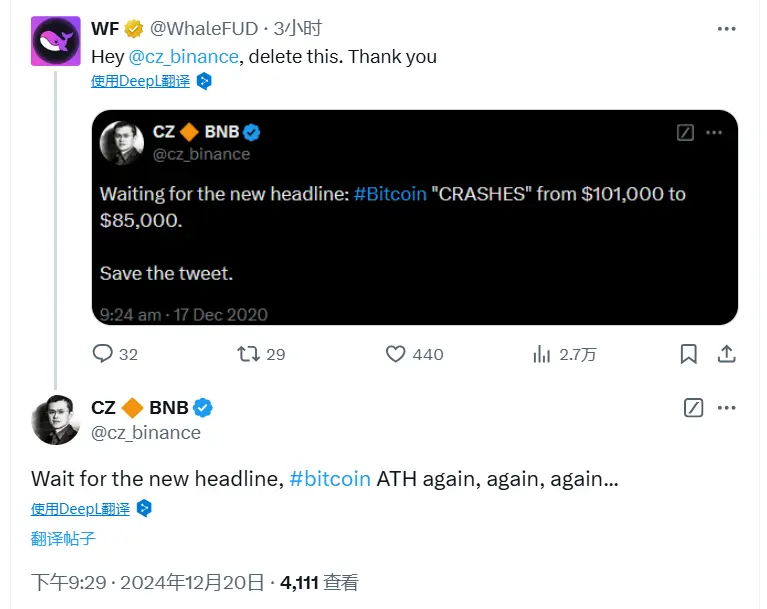 자오창펑: 새로운 뉴스 헤드라인을 기다리며, 비트코인이 다시 최고치를 경신하다