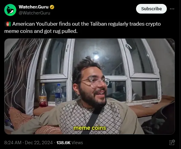アメリカのYouTubeブロガーがタリバンが頻繁にMemeコインを取引していることを発見し、ラグプルに遭遇した。