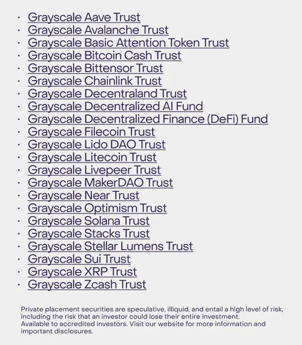 グレースケール：22の暗号通貨信託商品の私募募集を開始し、複数の主要トークンやDeFi、AIなどの分野をカバーしています。