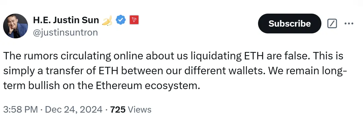 孫宇晨：網上流傳我們清算 ETH 的謠言是假的，這只是不同錢包間 ETH 的轉移