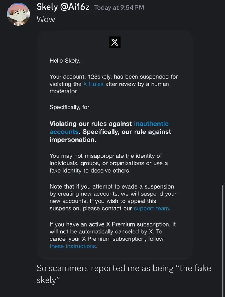 Skely：X 账户经人工审核未能解冻