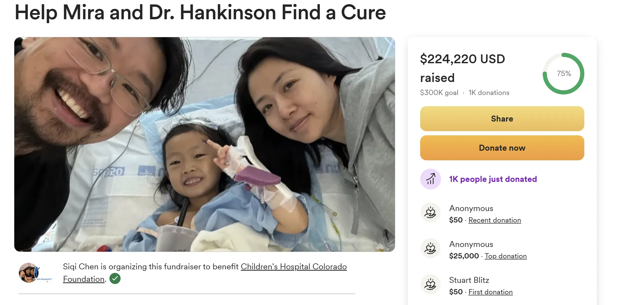 In three hours, raised 20 million dollars for daughter's medical expenses, 