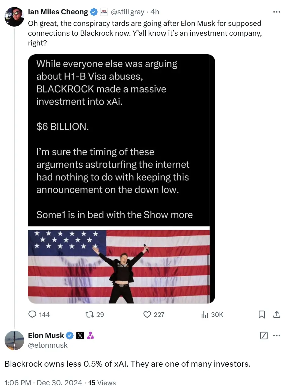 马斯克：贝莱德在 xAI 的持股比例低于 0.5%，为众多投资者之一