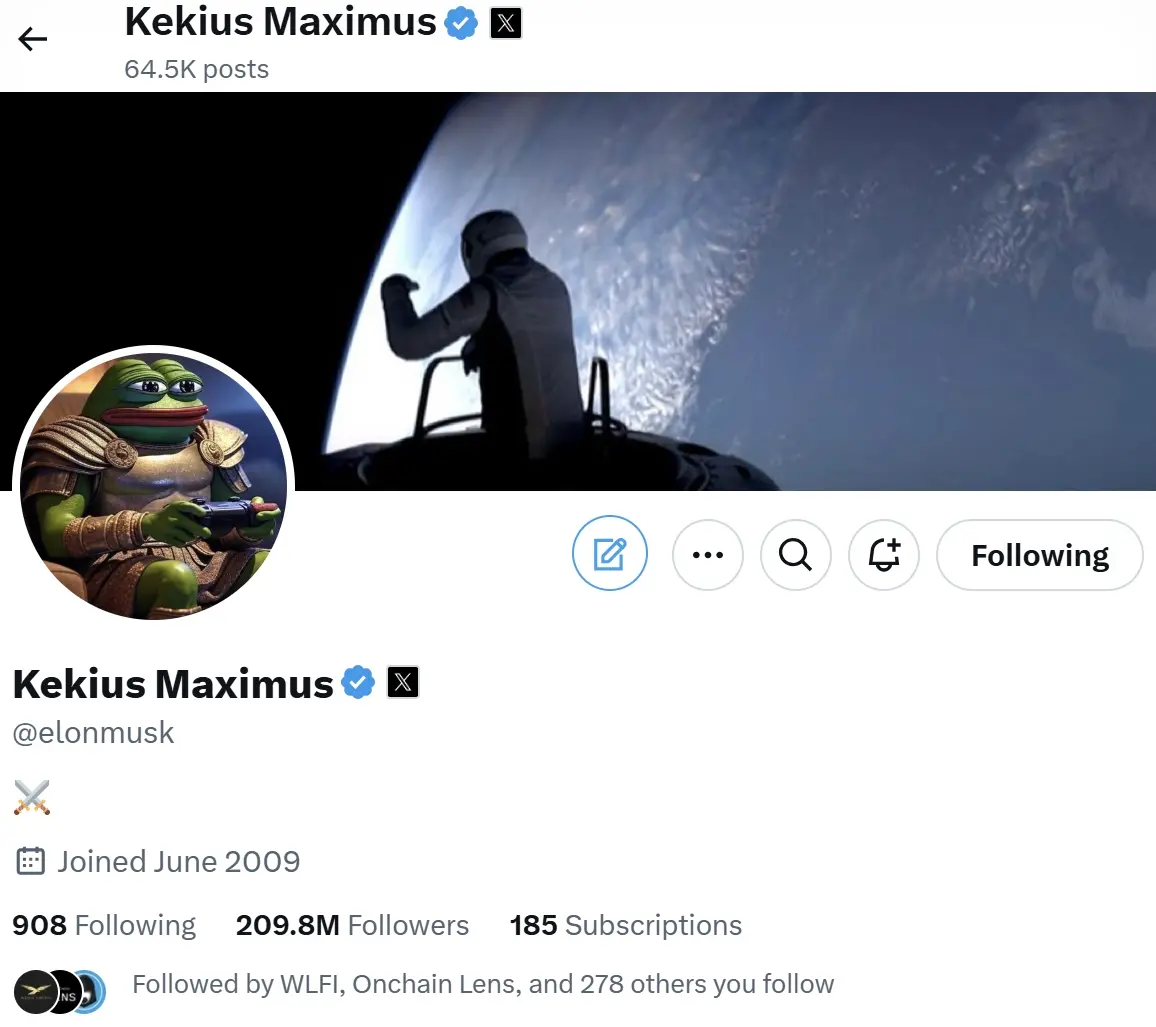 马斯克将 X 平台头像和昵称更换为 Kekius Maximus