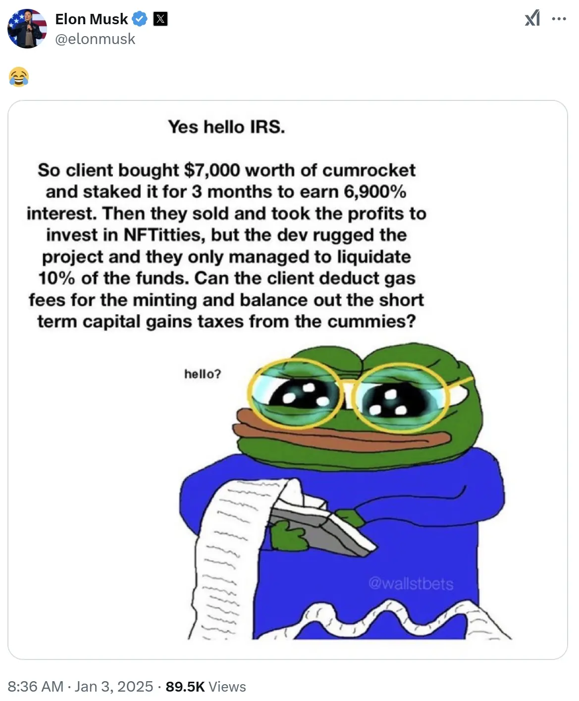 马斯克发布加密交易缴税争议问题，提及项目短时拉升超 120%