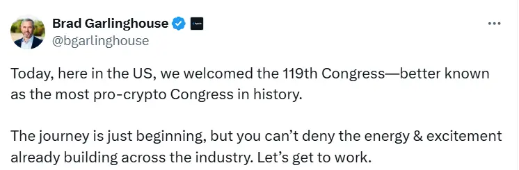 RippleのCEO：アメリカ第119回国会は史上最も暗号通貨を支持する国会になるだろう