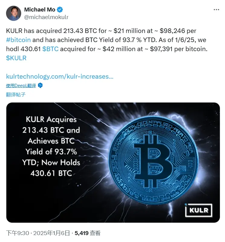 纽交所上市公司 KULR 宣布增持 213.43 枚比特币，持仓量达到 430.61 枚 BTC