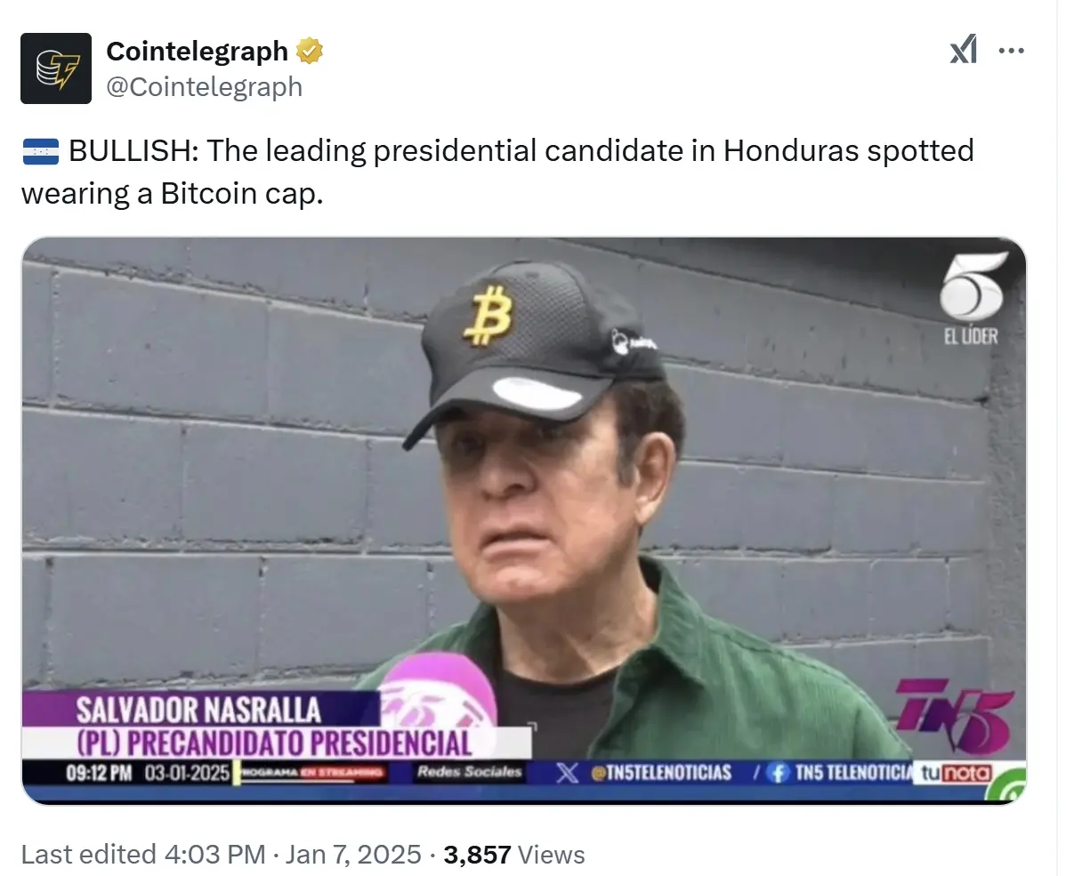 The presidential candidate of Honduras is wearing a hat with a Bitcoin pattern