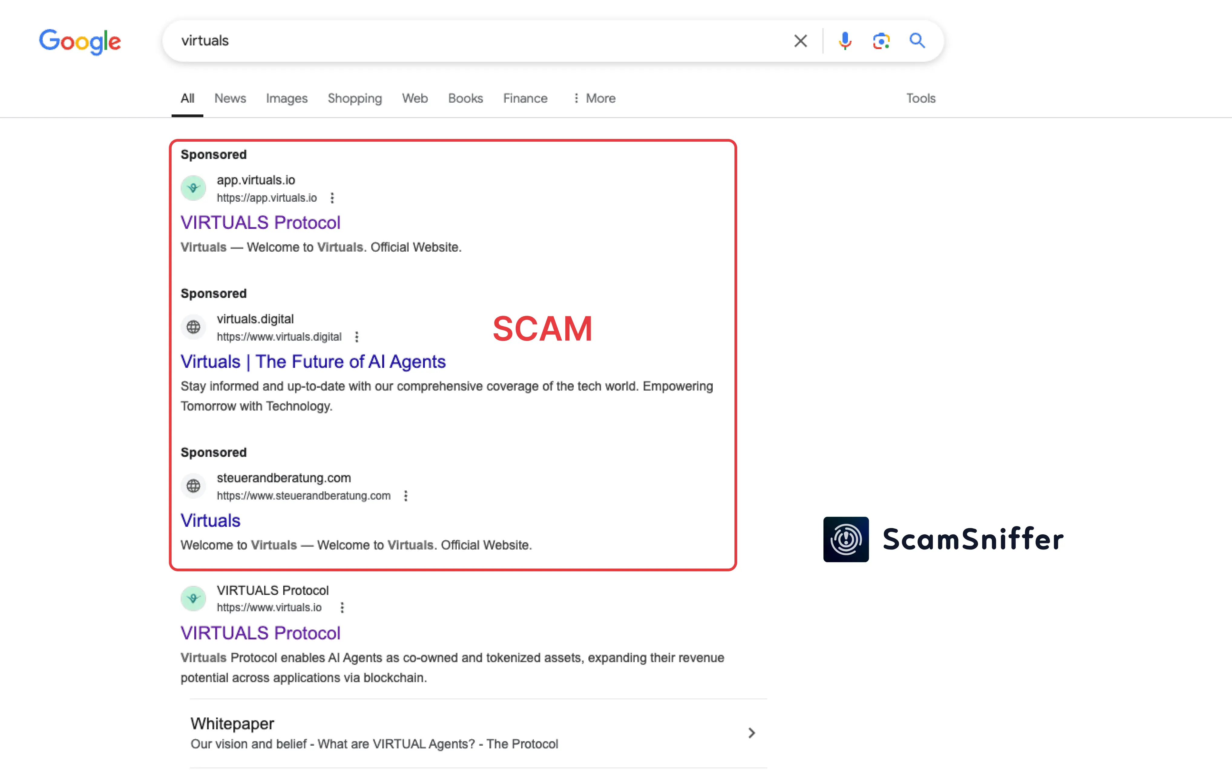 Scam Sniffer：Google 搜尋結果中出現三個假冒 Virtuals Protocol 釣魚廣告，請用戶保持警惕