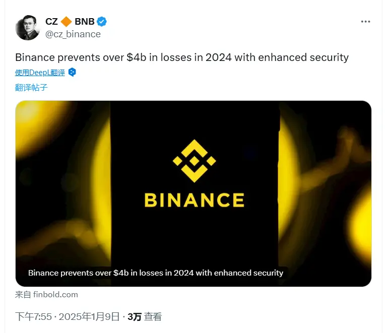 赵长鹏：币安通过强化安全措施在 2024 年避免逾 40 亿美元损失