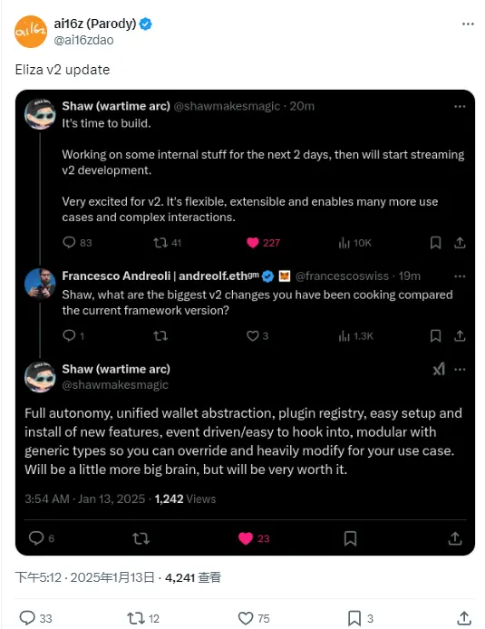 ai16z founder: The streaming development work for Eliza v2 version is about to begin
