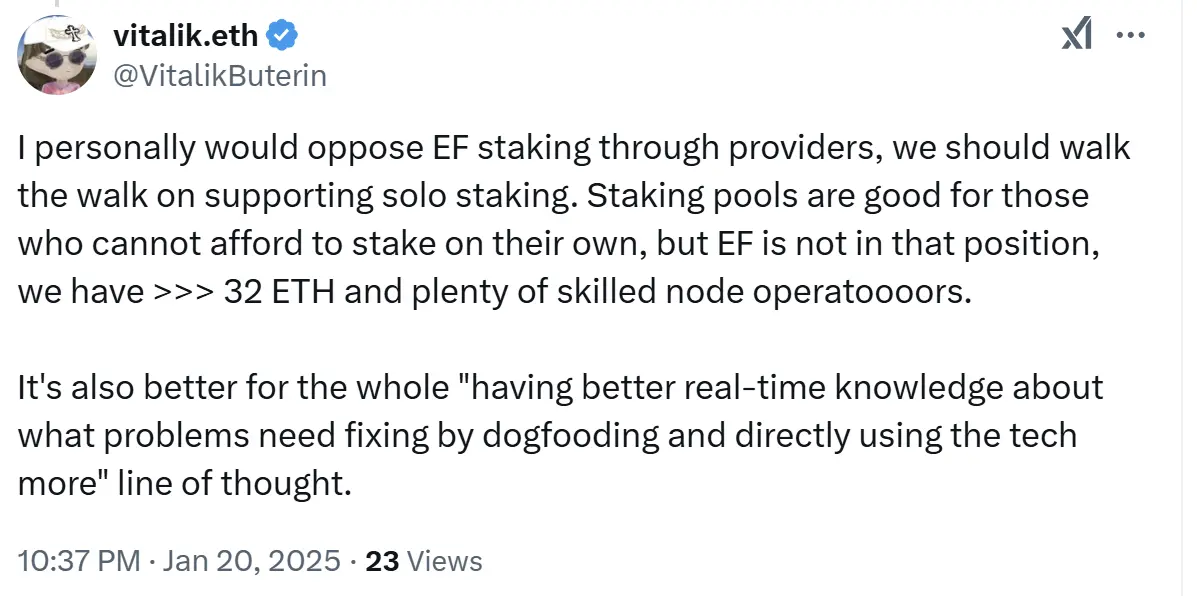 ヴィタリック：個人としてイーサリアム財団がサービスプロバイダーを通じてETHのステーキングを行うことに反対し、独立したステーキングを支持します。