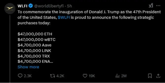 特朗普家族加密项目 WLFI 首投华人项目，470 万美元购波场代币 TRX