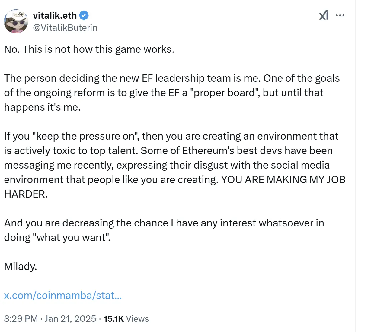 Vitalik responds to Ethereum Foundation controversy: The decision-making power lies with the new leadership team, social media pressure creates a harmful environment