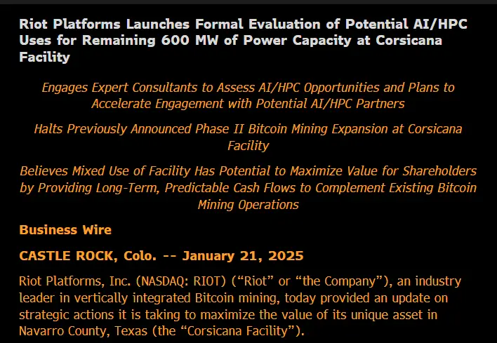 VanEck 임원: RIOT, 세계 최대 비트코인 채굴장 확장 계획 중단