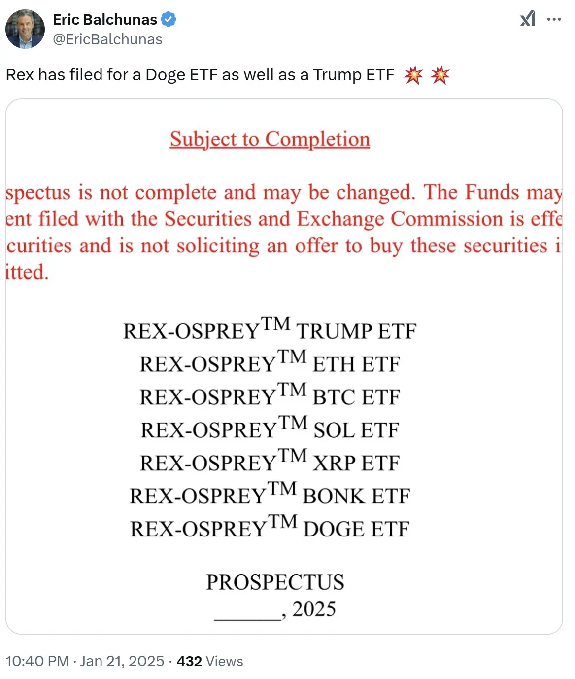 블룸버그 ETF 분석가: 렉스가 도지 ETF와 트럼프 ETF를 신청했습니다