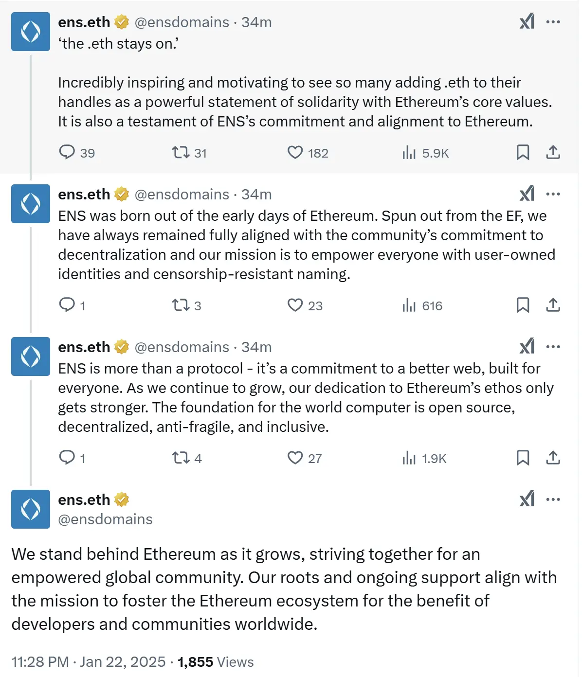 ENS issued a statement supporting the core values of Ethereum, stating that it always aligns with the decentralized spirit of the Ethereum community