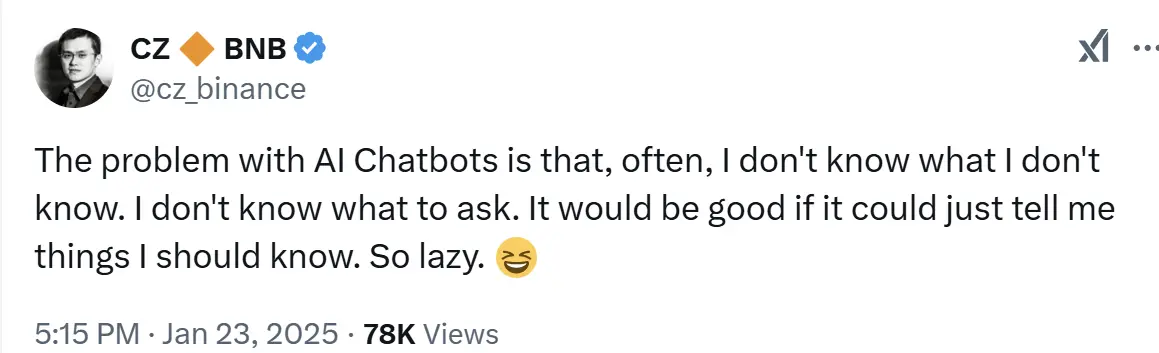 Zhao Changpeng: The problem with AI chatbots is that they often don't know what to ask