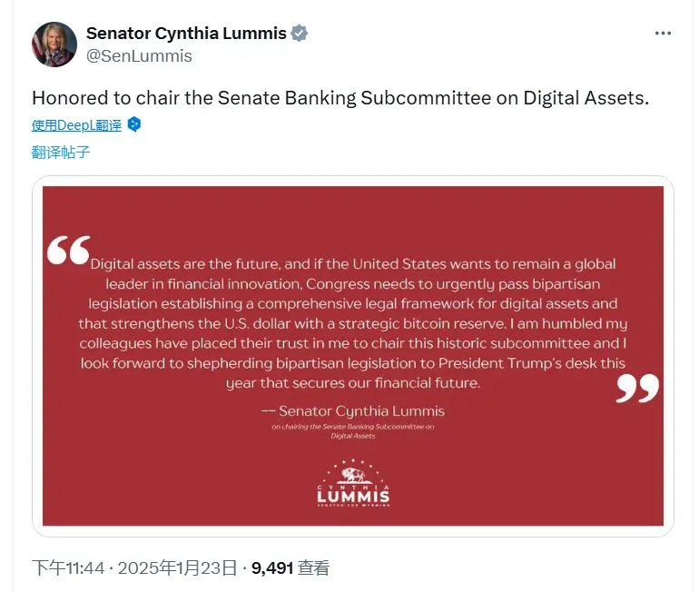 Cynthia Lummis serves as the chair of the U.S. Senate Digital Assets Subcommittee