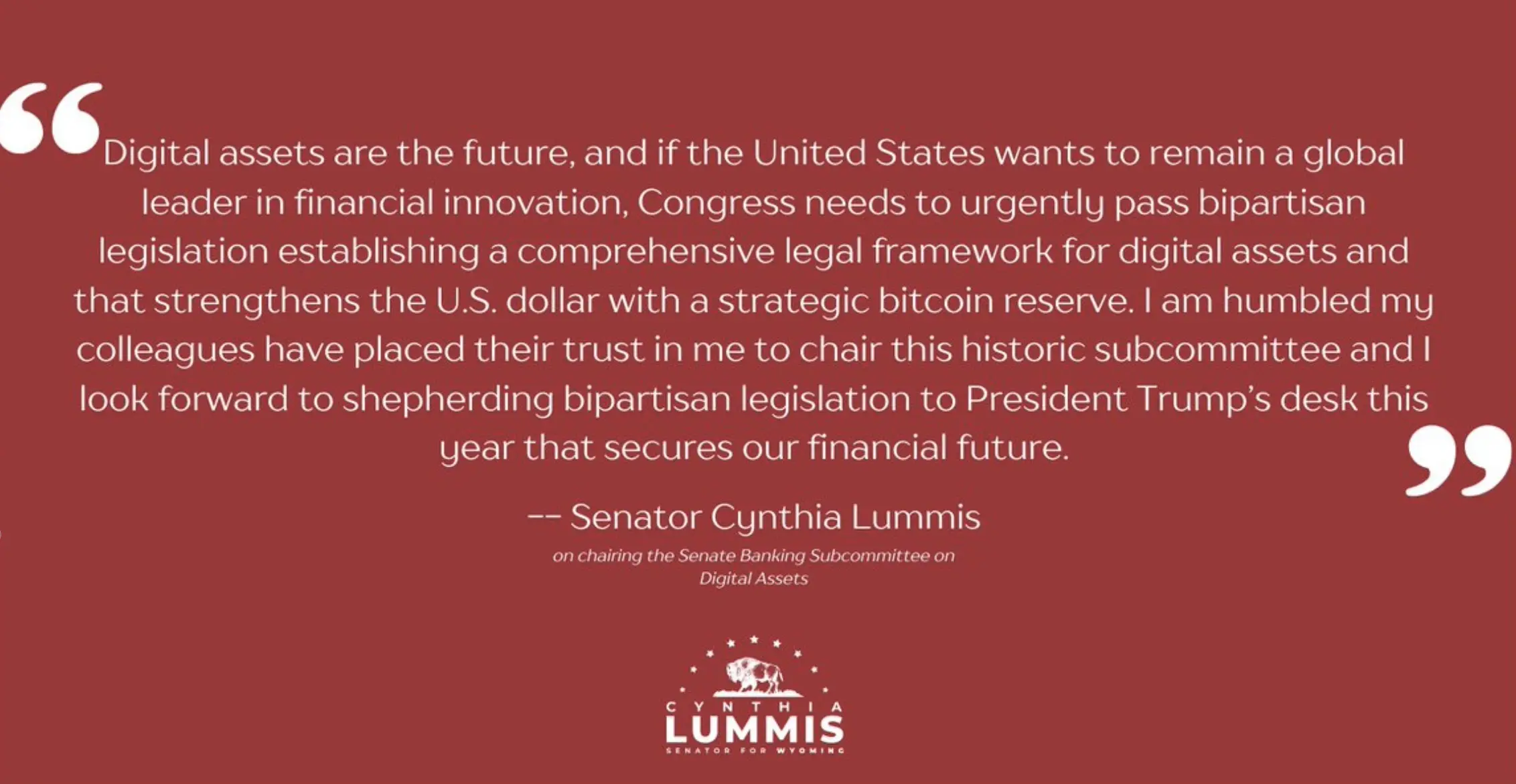 Cynthia Lummis：期待推動數位資產立法，通過戰略比特幣儲備加強美元地位