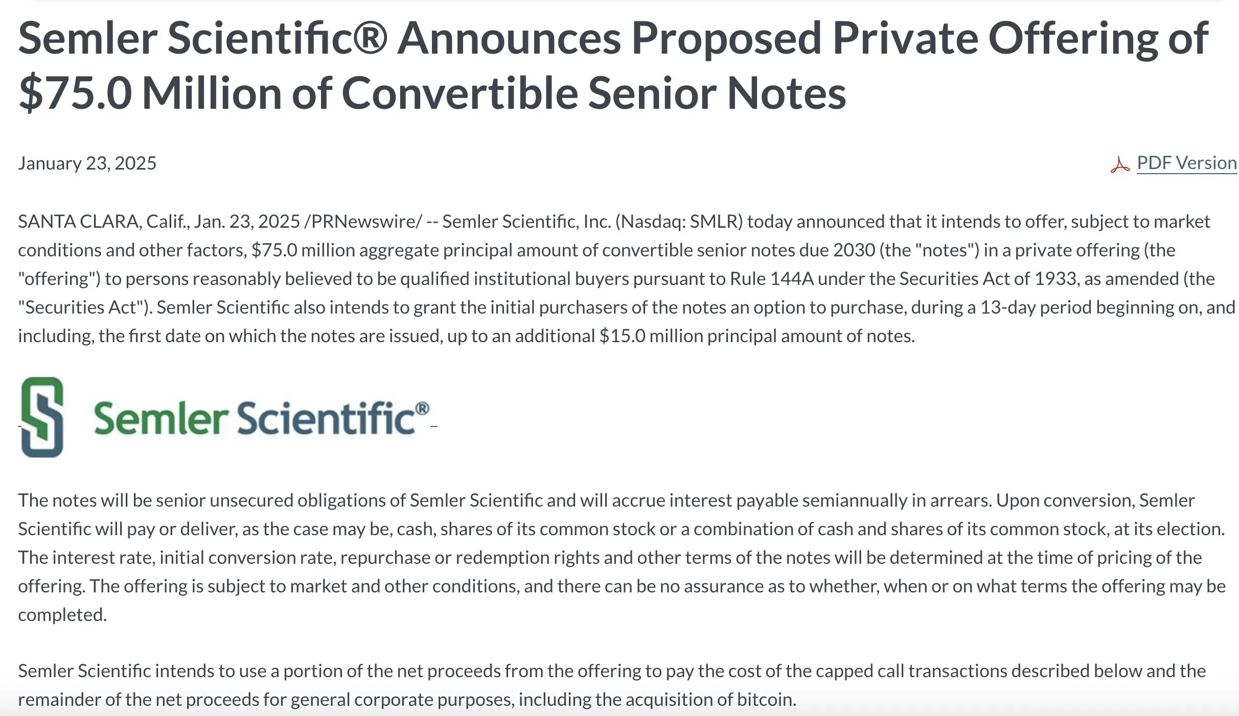 上場企業セムラー・サイエンティフィックは、7500万ドルを調達してさらにビットコインを購入する予定です。